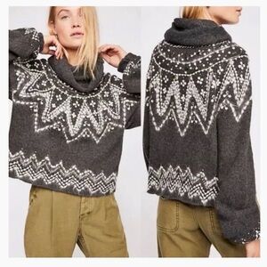 Free People Beaded Sequin Embroidered Fair Isle Turtleneck Sweater
